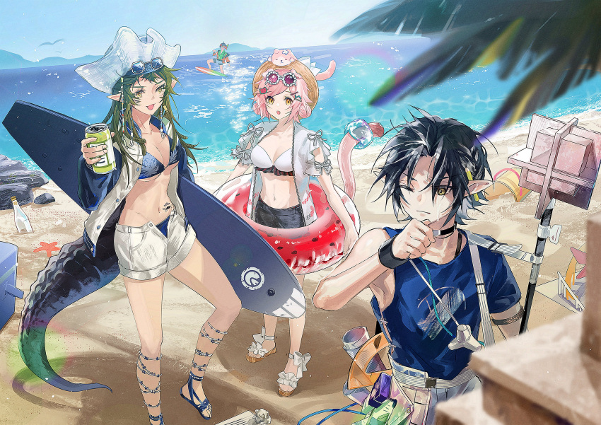 2boys 2girls :d absurdres animal_ears arknights beach black_hair bottle bryophyta_(arknights) eyewear_on_head gavial_(arknights) gavial_the_invincible_(arknights) gavial_the_invincible_(holiday)_(arknights) goldenglow_(arknights) goldenglow_(summer_flowers)_(arknights) green_hair hat highres innertube long_hair minimalist_(arknights) multiple_boys multiple_girls ocean orange_eyes pink_hair pointy_ears sandals shidare_(youh4016) shirt short_hair smile sunglasses surfboard surfing swimsuit tail tongue tongue_out