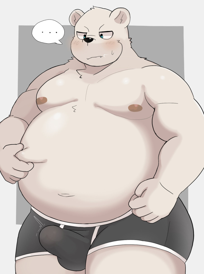 2023 ai_only_dream anthro balls_outline bear belly big_belly black_nose blush bulge ellipsis genital_outline hi_res humanoid_hands kemono male mammal moobs navel nipples overweight overweight_male penis_outline polar_bear solo ursine white_body