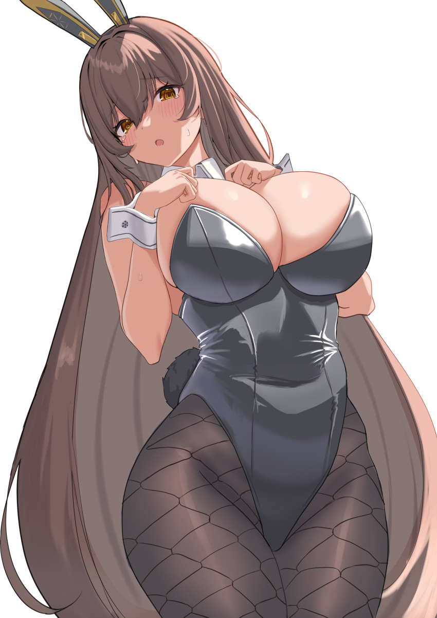 1girl animal_ears bare_shoulders black_leotard black_pantyhose blush breasts brown_hair commentary_request dark-skinned_female dark_skin detached_collar fake_animal_ears fishnet_pantyhose fishnets goddess_of_victory:_nikke hair_between_eyes hands_on_own_chest hands_up highres large_breasts leotard long_hair looking_at_viewer noir_(nikke) pantyhose playboy_bunny rabbit_ears simple_background solo strapless strapless_leotard sweat tears very_long_hair wrist_cuffs xi_oshir1