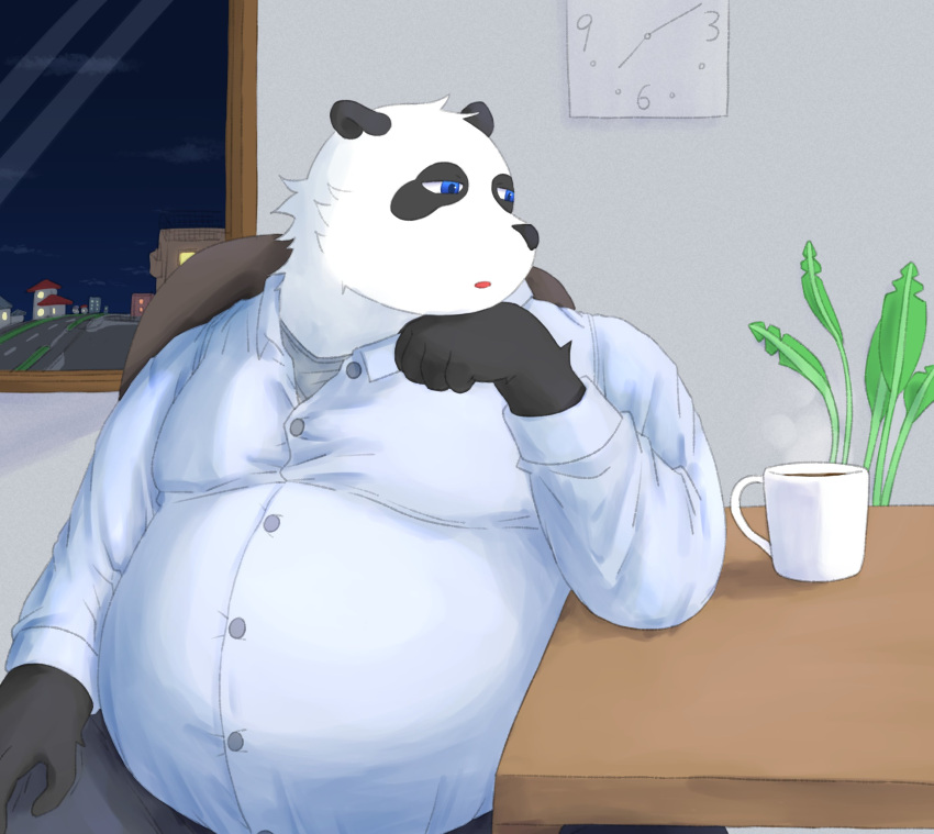 2023 absurd_res anthro bari_mu bear belly big_belly black_nose blue_eyes bottomwear clothing detailed_background giant_panda hi_res humanoid_hands inside kemono male mammal night overweight overweight_male pants shirt sitting solo topwear white_body