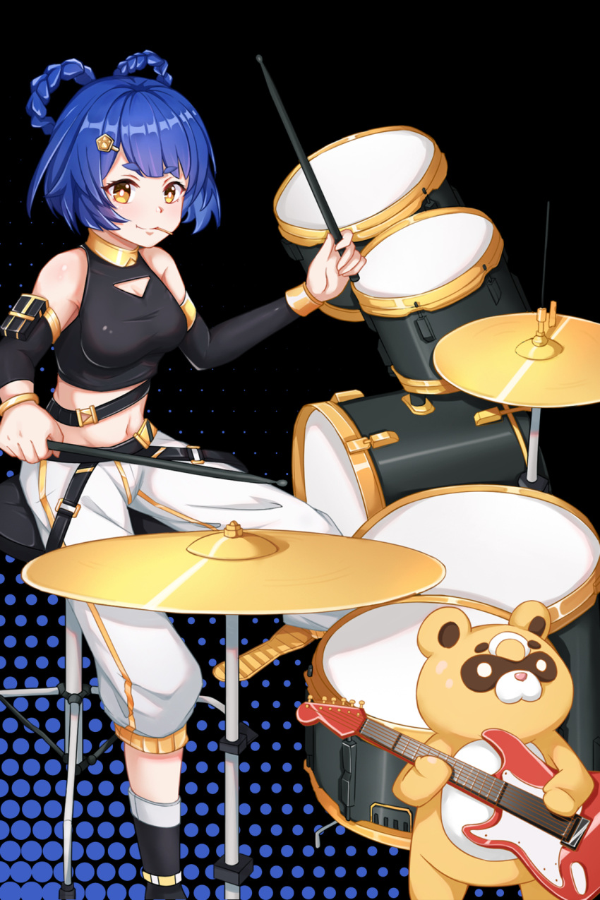 1girl awana_(user_xccs2274) belt black_background black_belt black_shirt blue_hair breasts cleavage cleavage_cutout clothing_cutout commentary_request crop_top cymbals detached_sleeves drum drum_set electric_guitar foot_out_of_frame genshin_impact guitar guoba_(genshin_impact) hair_rings highres holding holding_instrument instrument long_sleeves looking_at_viewer medium_breasts midriff navel pants shirt short_hair sitting sleeveless sleeveless_shirt smile stomach white_pants xiangling_(genshin_impact) yellow_eyes