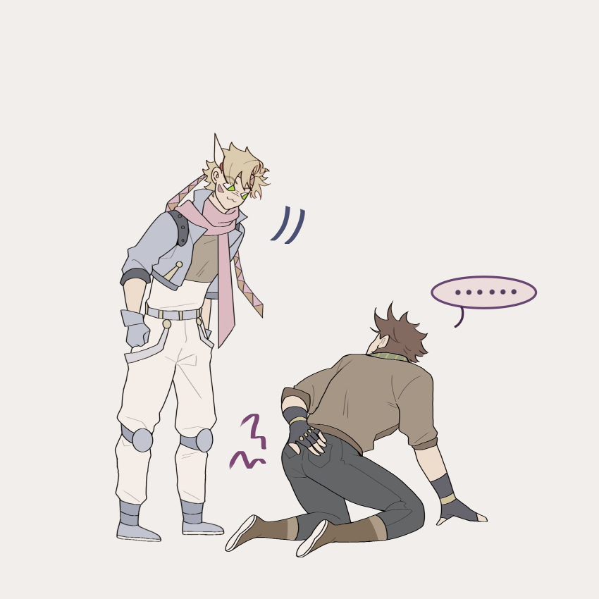 ... 2boys :3 battle_tendency blonde_hair blue_jacket boots brown_hair caesar_anthonio_zeppeli cropped_jacket denim facial_mark fingerless_gloves from_behind full_body gloves green_eyes green_scarf hand_on_own_ass headband highres jacket jeans jojo_no_kimyou_na_bouken joseph_joestar joseph_joestar_(young) kneeling male_focus midriff multiple_boys pants pink_scarf scarf spoken_ellipsis standing striped striped_scarf triangle_print zhoujo51