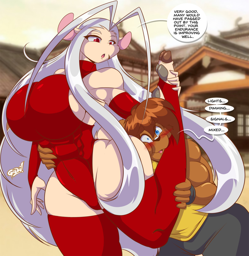 :o abs anthro armwear ass_press between_legs blue_eyes blurred_background blush bottomwear brown_hair butt camel_toe clothing detached_sleeves dominant dominant_female duo embrace english_text female hair headscissor hi_res hooves hug leg_hug legwear long_hair looking_down male male/female mastergodai muscular muscular_female muscular_male one_leg_up open_mouth pants raised_leg red_bodysuit red_clothing red_eyes red_legwear red_thigh_highs size_difference speech_bubble talon_(mastergodai) text thigh_highs toeless_legwear white_hair