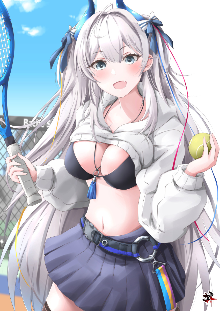 1girl absurdres azur_lane ball belt bikini bikini_top_only black_bikini black_skirt blue_eyes bow breasts cleavage cowboy_shot crop_top cropped_hoodie fang gudon_(iukhzl) hair_bow highres holding hood hood_down hoodie horns jewelry large_breasts long_hair long_sleeves looking_at_viewer miniskirt navel necklace official_alternate_costume open_mouth pleated_skirt racket skirt smile solo stomach string_bikini suffren_(azur_lane) suffren_(impulsive_incident)_(azur_lane) swimsuit tennis_ball tennis_racket thighhighs two_side_up very_long_hair white_hair white_hoodie zettai_ryouiki