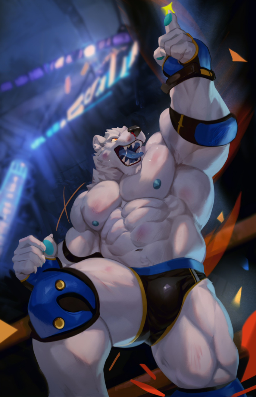 2023 abs absurd_res anthro areola armpit_hair bear biceps big_muscles blood bodily_fluids body_hair bottomwear bulge butt clothing digital_media_(artwork) elbow_pads fingerless_gloves fur gloves handwear hi_res knee_pads low-angle_view male mammal mukum_1am muscular muscular_anthro muscular_male muscular_thighs navel nipples open_mouth open_smile pecs polar_bear pubes quads saliva smile solo teeth thick_thighs tongue tongue_out ursine white_body white_fur wrestler