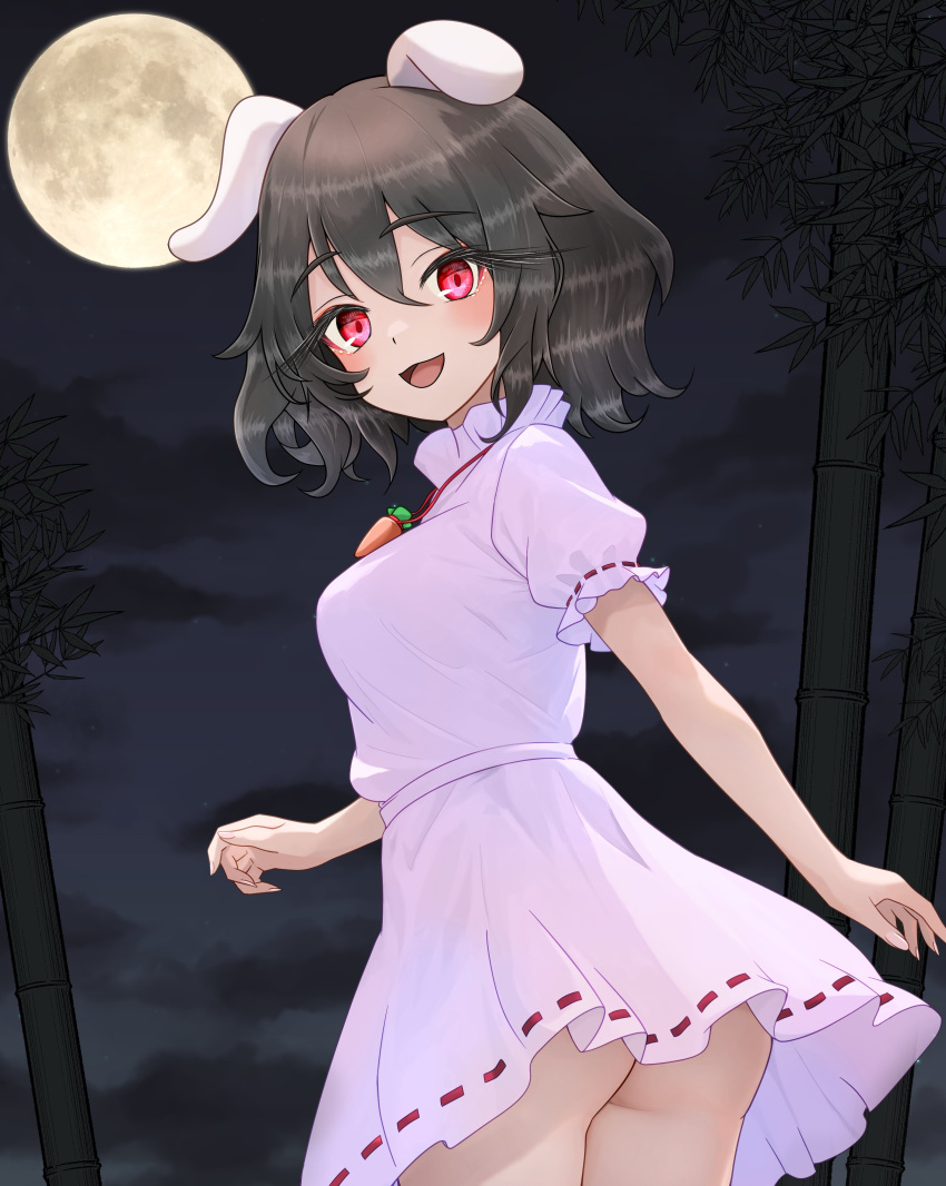 absurdres animal_ears bamboo carrot_necklace dress floppy_ears full_moon highres inaba_tewi jewelry long_eyelashes looking_at_viewer looking_back moon necklace night open_mouth pink_dress rabbit_ears rabbit_girl red_eyes ribbon-trimmed_dress smile sugar_you touhou tsukimi