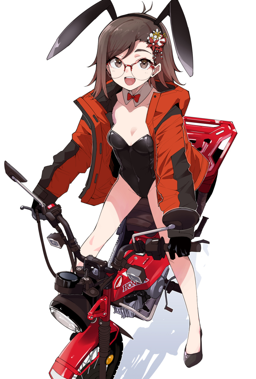 1girl animal_ears black_footwear black_gloves blush breasts brown_hair detached_collar fake_animal_ears gloves goten_(510gensoku) hair_ornament highres jacket looking_at_viewer medium_breasts medium_hair motor_vehicle motorcycle on_motorcycle open_clothes open_mouth open_shirt original playboy_bunny rabbit_ears red_jacket round_eyewear simple_background smile solo white_background