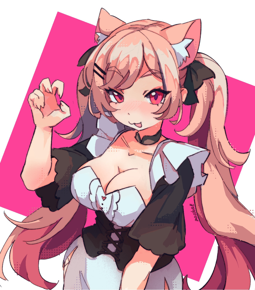 1girl :3 animal_ear_fluff animal_ears black_bow black_corset black_sleeves bow breasts cat_ears character_request cleavage collarbone corset cowboy_shot dress hair_bow hand_up highres indie_virtual_youtuber large_breasts long_hair open_mouth pasharuu pink_hair short_sleeves simple_background smile solo twintails very_long_hair virtual_youtuber white_background white_dress