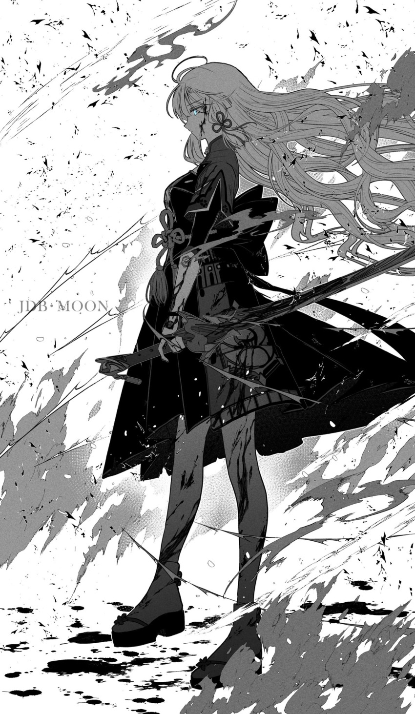 1girl armor artist_name back_bow blood blood_on_clothes blood_on_face blood_on_leg blood_splatter blue_eyes blunt_bangs bow breasts closed_mouth dou dress dust_cloud elbow_gloves flower_knot from_side full_body genshin_impact gloves glowing glowing_eyes greyscale hair_down hair_ribbon highres holding holding_sword holding_weapon jacket japanese_armor jdb_moon kamisato_ayaka kote kusazuri long_hair looking_ahead medium_breasts medium_skirt monochrome okobo partially_fingerless_gloves pleated_dress profile reverse_grip ribbon rope_belt serious skirt solo standing sword tabi tress_ribbon wavy_hair weapon white_background wind
