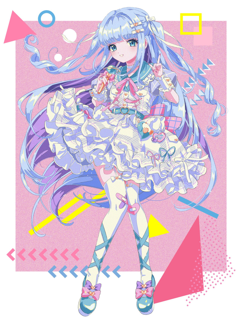 1girl absurdres april_fools bandaid bandaid_on_knee bandaid_on_leg belt blue_belt blue_eyes blue_hair blunt_bangs blush bow dress frilled_dress frills full_body hair_bow hair_ornament highres holding holding_microphone idol kisumi_rei long_hair looking_at_viewer microphone official_alternate_costume official_art open_mouth pink_ribbon plaid plaid_dress puffy_short_sleeves puffy_sleeves ribbon shoes short_sleeves sidelocks smile solo somunia somunia_room standing thighhighs very_long_hair virtual_youtuber white_dress white_thighhighs wrist_cuffs
