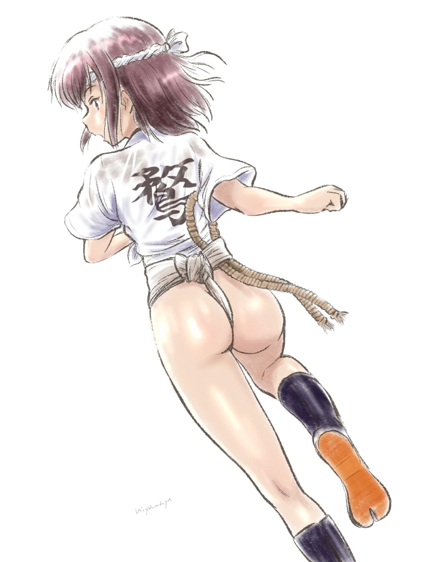 1girl absurdres ass blush brown_eyes brown_hair from_behind fundoshi girls_und_panzer highres hiyama_yuu_(wee259hiyama) japanese_clothes kondou_taeko open_mouth running short_hair simple_background solo sweat white_background yamakasa