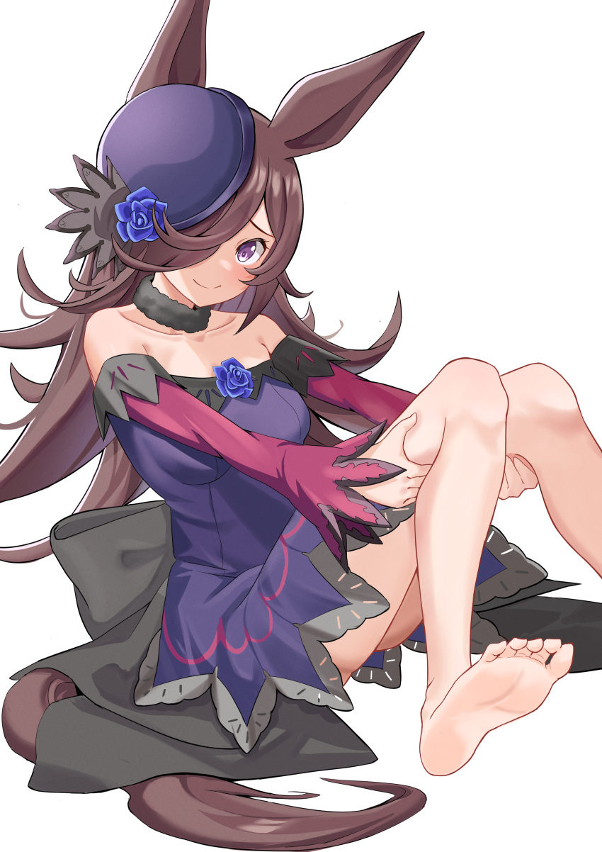 1girl absurdres animal_ears bare_shoulders barefoot blue_flower blue_rose blush brown_hair commentary_request dress feet flower foot_out_of_frame grabbing_own_thigh hair_over_one_eye hat hat_flower highres horse_ears horse_girl horse_tail long_hair long_sleeves looking_at_viewer off-shoulder_dress off_shoulder olecafe2 partial_commentary purple_eyes purple_shirt rice_shower_(umamusume) rose shirt simple_background smile soles solo tail toes umamusume white_background