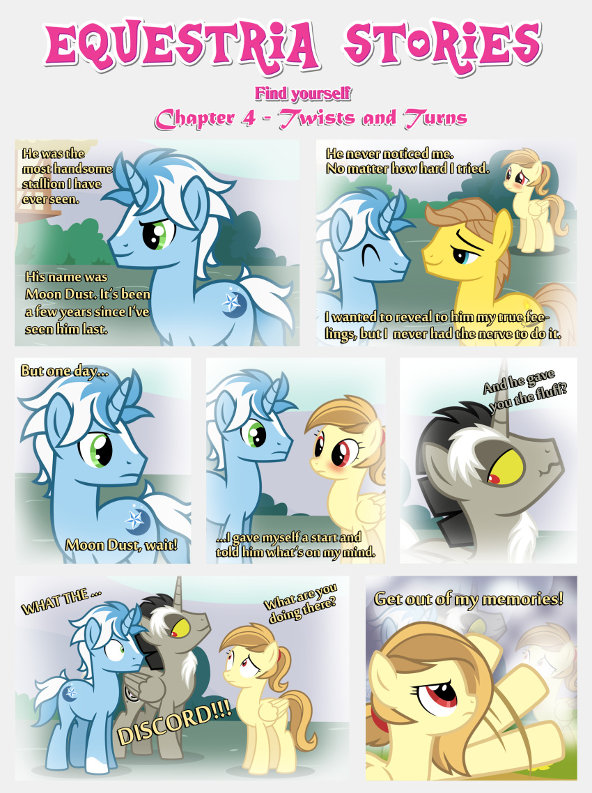 absurd_res alice_goldenfeather_(estories) angry backstory black_border blush border building cutie_mark dialogue discord_(mlp) earth_pony equid equine estories eyes_closed fan_character female feral folded_wings friendship_is_magic group hasbro hi_res horn horse male mammal memories my_little_pony narrowed_eyes pegasus personal_space_invasion plant pony shrub smile trying_not_to_laugh unicorn what wide_eyed winged_unicorn wings