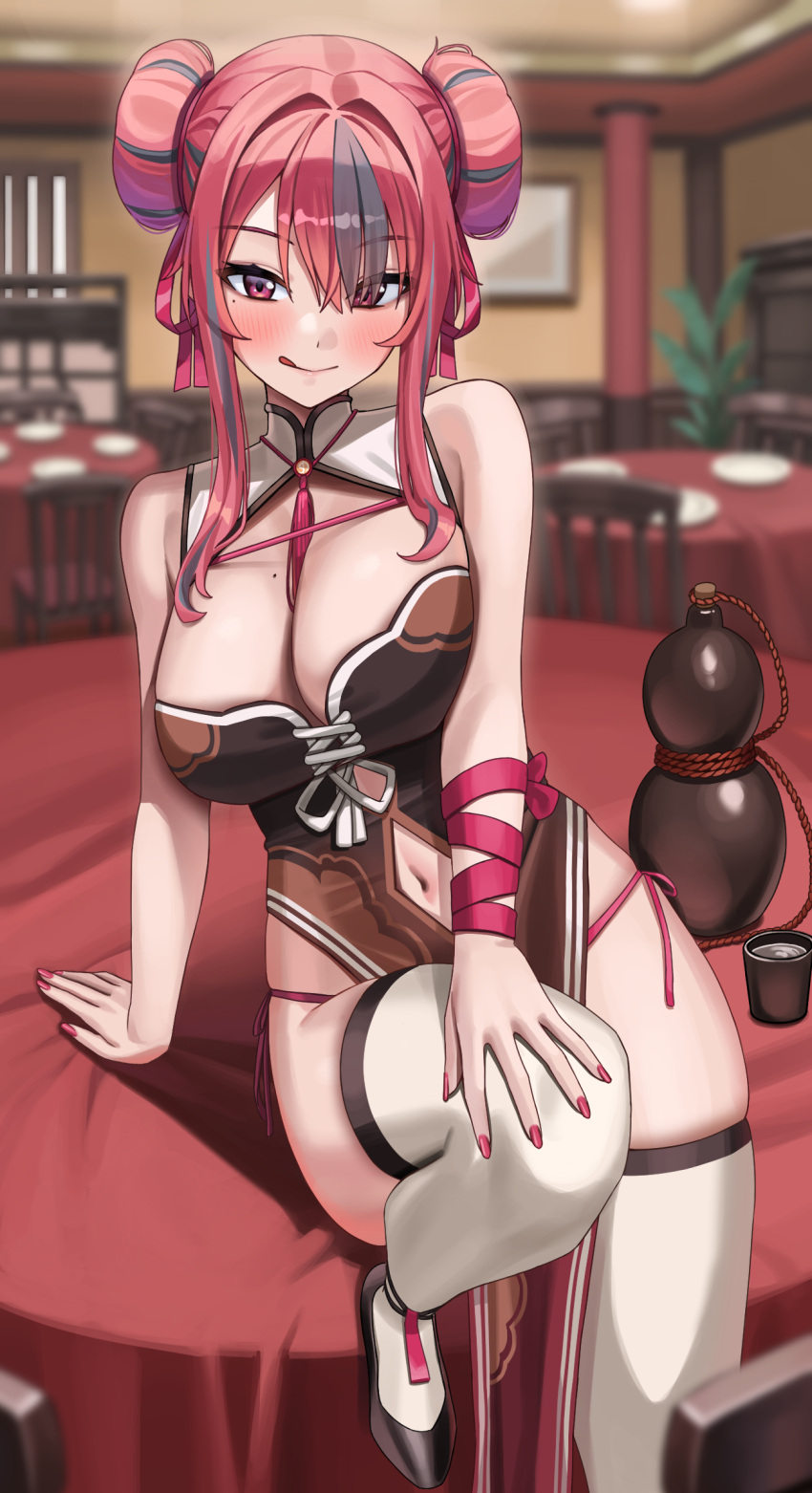 1girl :q azur_lane bare_shoulders black_footwear blurry blurry_background blush breasts bremerton_(azur_lane) closed_mouth clothing_cutout commentary cup double_bun grey_hair hair_bun highres large_breasts long_hair looking_at_viewer mole mole_on_breast mole_under_eye multicolored_hair nail_polish navel navel_cutout panties pink_eyes pink_nails pink_panties shocho side-tie_panties sidelocks smile streaked_hair symbol-only_commentary thighhighs thighs tongue tongue_out underwear white_thighhighs