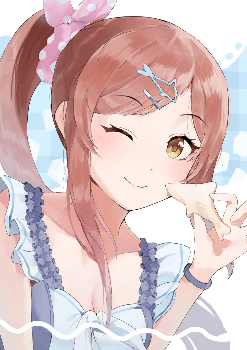 1girl absurdres breasts brown_hair cleavage collarbone cookie deibadoo dot_nose dress eyelashes fish_hair_ornament food frilled_straps hair_ornament hair_scrunchie hairclip highres holding holding_food idolmaster idolmaster_shiny_colors light_blush long_hair one_eye_closed osaki_amana pink_scrunchie polka_dot polka_dot_scrunchie scrunchie side_ponytail smile solo swept_bangs upper_body white_dress wristband yellow_eyes