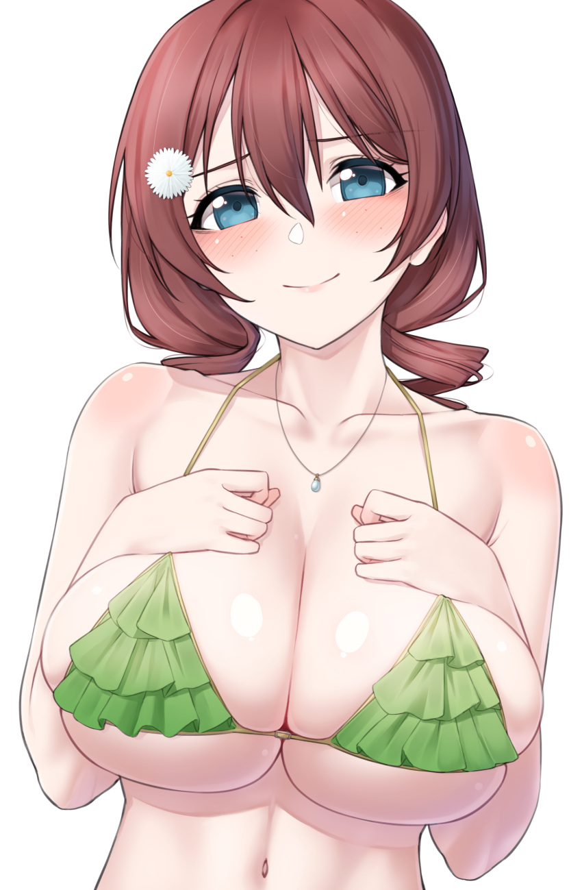 1girl absurdres aqua_eyes bikini blush breasts brown_hair closed_mouth drill_hair emma_verde flower freckles frilled_bikini frills green_bikini hair_flower hair_ornament highres jewelry large_breasts love_live! love_live!_nijigasaki_high_school_idol_club nasuno_(nasuno42) navel necklace simple_background smile solo stomach swimsuit twin_drills upper_body white_background