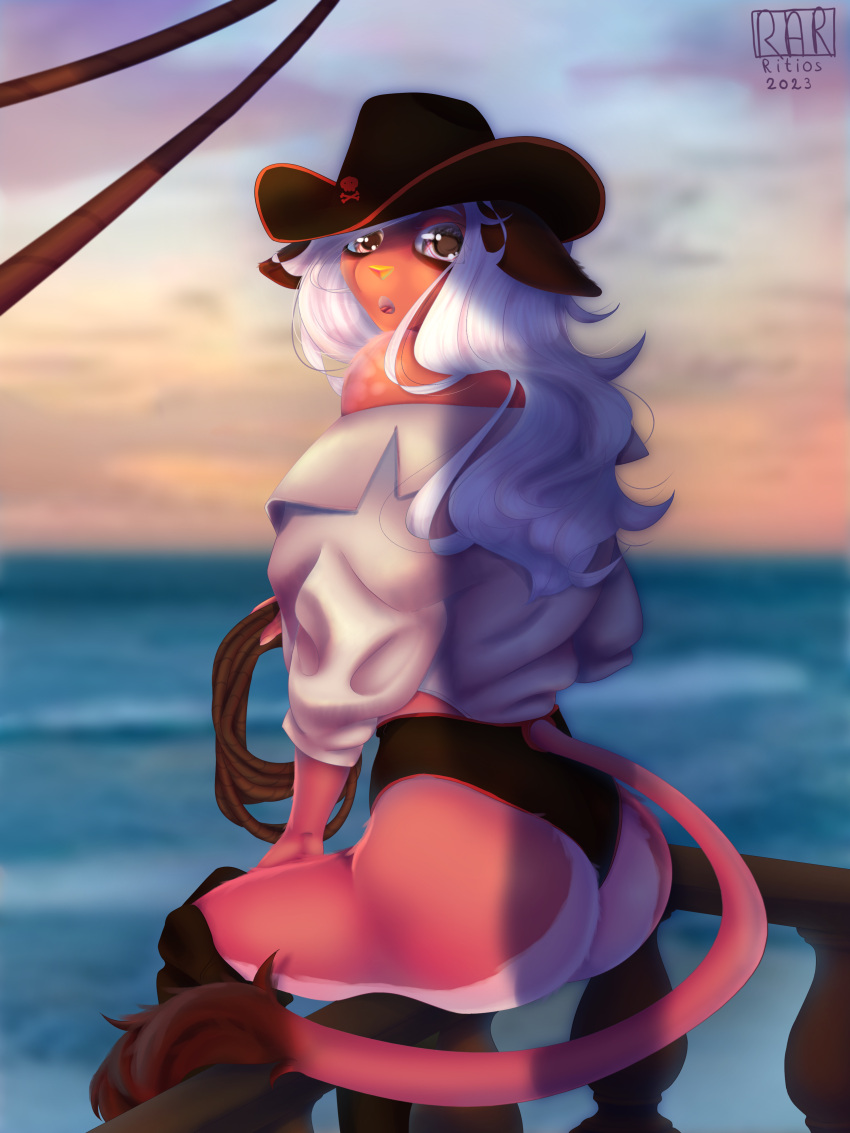 a absurd_res anthro booties bottomwear butt clothed clothing female fur hair hat headgear headwear hi_res invalid_tag looking_at_viewer mammal on pirate ritios ship shirt shorts solo surprise tail topwear underwear vehicle watercraft