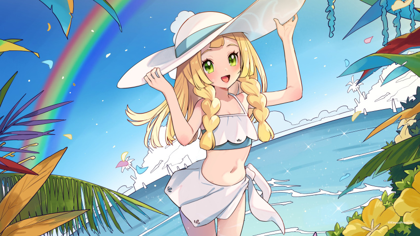 1girl :d absurdres bare_arms bikini bikini_top_only blonde_hair blue_sky braid cloud cumulonimbus_cloud day falling_petals flower green_eyes hands_on_headwear hat highres kinocopro lillie_(pokemon) long_hair looking_at_viewer navel ocean open_mouth outdoors petals plant pokemon rainbow sarong sky smile solo sparkle stomach sun_hat swimsuit thigh_gap twin_braids twitter_username wading water white_headwear yellow_flower