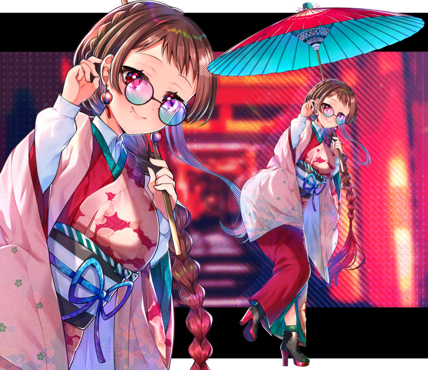 1girl akirannu ankle_boots black-framed_eyewear blue-tinted_eyewear boots braid braided_ponytail breasts brown_hair closed_mouth earrings floral_print full_body gradient_hair hand_up high_heels highres holding holding_umbrella japanese_clothes jewelry kimono leaning_forward long_hair long_sleeves looking_at_viewer medium_breasts mole mole_under_mouth multicolored_hair obi obiage obijime oil-paper_umbrella original pink_kimono print_kimono red_eyes red_footwear red_hair red_kimono sash shirt smile solo standing standing_on_one_leg tassel tassel_earrings tinted_eyewear two-tone_kimono umbrella very_long_hair white_shirt wide_sleeves zoom_layer