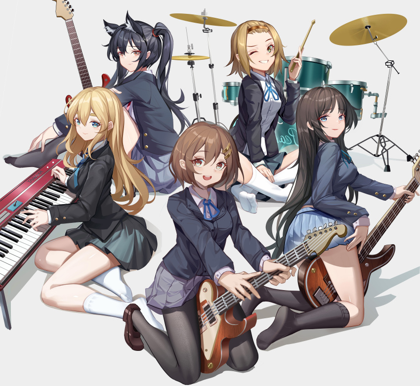 5girls :d absurdres akiyama_mio animal_ears bass_guitar black_eyes black_hair black_jacket black_pantyhose black_socks blazer blonde_hair blue_eyes blue_jacket blue_ribbon blue_skirt breasts brown_eyes brown_footwear brown_hair cat_ears closed_mouth collared_shirt commentary_request drum drum_set drumsticks electric_guitar fake_animal_ears from_behind full_body grey_skirt grin guitar hair_between_eyes hair_ornament hairband hairclip highres hirasawa_yui holding holding_drumsticks holding_instrument instrument jacket k-on! keyboard_(instrument) knee_up kneehigh kneehighs kneeling kotobuki_tsumugi large_breasts left-handed legs loafers long_hair long_sleeves looking_at_viewer luai multiple_girls nakano_azusa neck_ribbon no_shoes one_eye_closed open_clothes open_jacket open_mouth pantyhose pleated_skirt ribbon sakuragaoka_high_school_uniform school_uniform shadow shirt shoes short_hair sidelocks simple_background sitting skirt smile socks tainaka_ritsu teeth twintails upper_teeth_only white_background white_shirt white_socks winter_uniform yellow_hairband