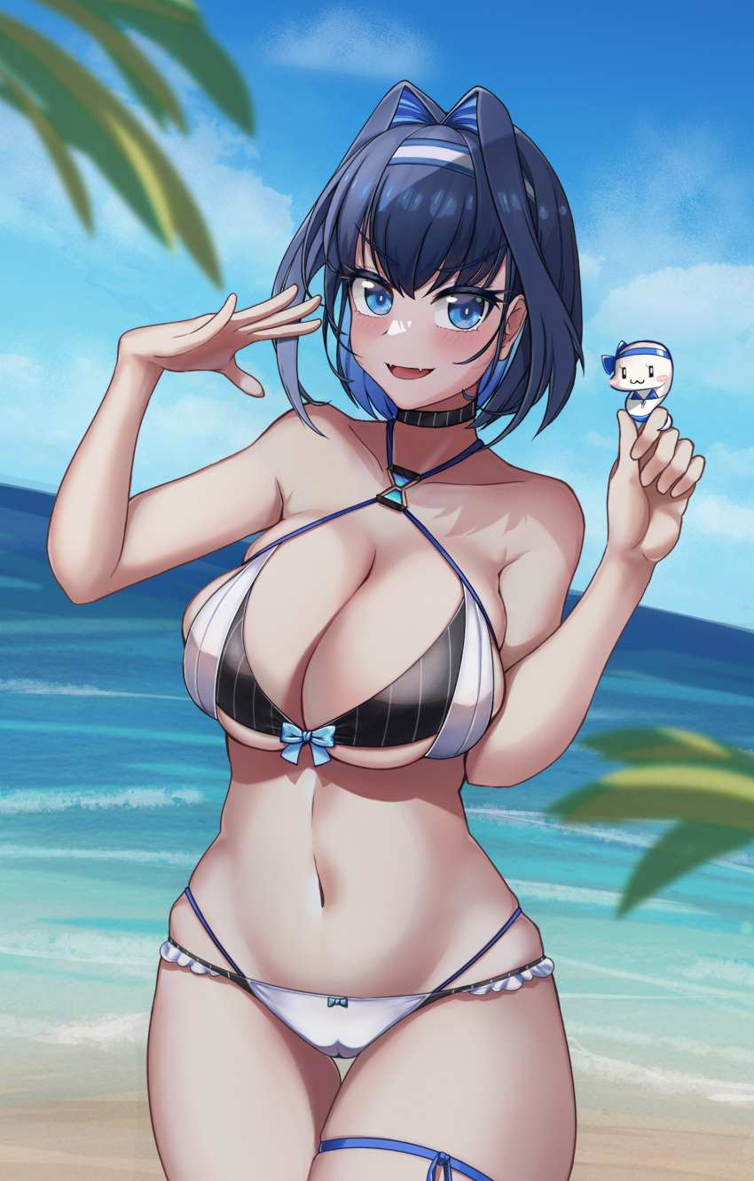 1girl absurdres airbo beach bikini black_choker blue_eyes blue_hair blue_headband blue_sky blush boros_(ouro_kronii) breasts choker cleavage cloud fangs halterneck headband highres hololive hololive_english large_breasts looking_at_viewer medium_hair navel open_mouth ouro_kronii palm_leaf palm_tree sand skin_fangs sky smile swimsuit thigh_strap tree two-tone_headwear virtual_youtuber water white_bikini white_headband