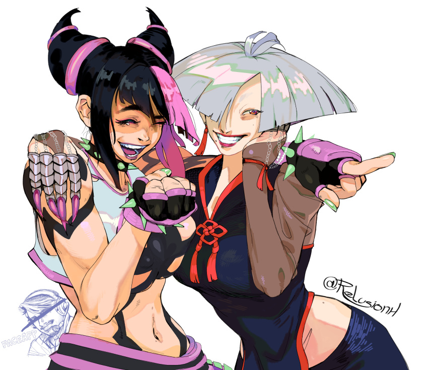 a.k.i._(street_fighter) absurdres arm_around_shoulder black_hair bracelet china_dress chinese_clothes claw_(weapon) dress earrings grey_hair hair_horns hair_over_one_eye han_juri highres jewelry laughing laughing_girls_(meme) meme multicolored_hair navel relusionh spiked_bracelet spikes stomach streaked_hair street_fighter street_fighter_6 tassel tassel_earrings upper_body weapon