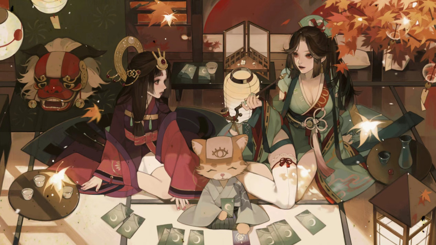 2girls alcohol animal arm_support bell blunt_ends blunt_tresses branch breasts card cat character_request cleavage clothed_animal cup dappled_sunlight detached_sleeves eye_print eyeliner falling_leaves forehead_protector from_above full_body green_headwear green_kimono hair_ribbon hakama hand_up haori hat headgear highres hime_cut holding holding_card holding_smoking_pipe indoors iotaectoplasm japanese_clothes jewelry jingle_bell kimono kiseru lantern large_breasts leaf leg_ribbon light_particles lion_dance long_hair looking_at_another looking_to_the_side makeup maple_leaf multiple_girls nail_polish necklace obi off_shoulder on_floor onmyoji paper_lantern parted_bangs petals playing_card red_kimono red_nails ribbon ribbon-trimmed_sleeves ribbon_trim sake sash shishimai short_eyebrows sidelocks sitting smoking_pipe sunlight table tatami thigh_ribbon thighhighs tokkuri tray tress_ribbon very_long_hair war white_thighhighs wide_sleeves wind_chime window_shade yokozuwari