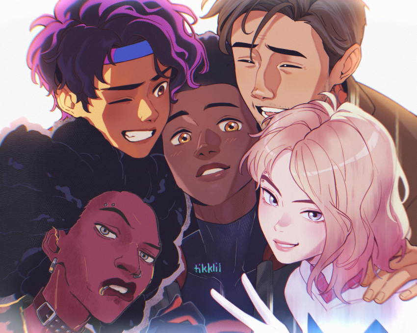 1girl 4boys aqua_eyes black_hair blonde_hair blue_eyes brown_hair dark-skinned_male dark_skin eyebrow_piercing gradient_hair grey_eyes gwen_stacy highres hood hood_down looking_at_viewer marvel medium_hair miles_morales multicolored_hair multiple_boys orange_eyes parted_lips peter_b_parker piercing pink_hair short_hair sidecut skin_tight smile spider-gwen spider-man:_across_the_spider-verse spider-man:_into_the_spider-verse spider-man_(miles_morales) spider-man_(series) spider-man_india spider-punk spiked_necklace superhero tikklil two-tone_bodysuit v