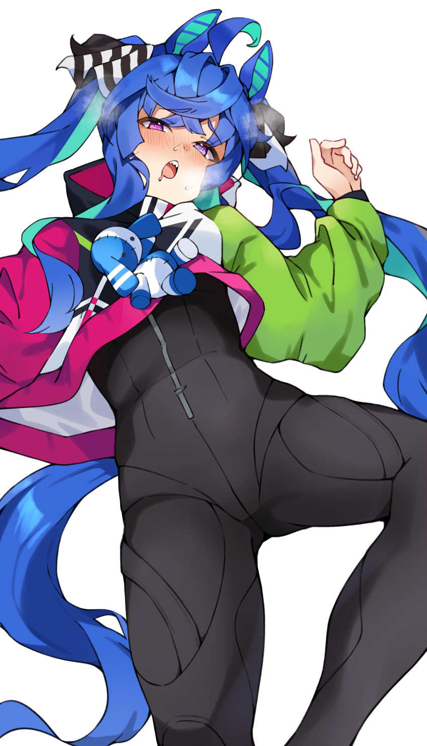 1girl @_@ absurdres ahoge animal_ears black_bodysuit blue_hair blush bodysuit breath crossed_bangs crotch drooling feet_out_of_frame heavy_breathing heterochromia highres hood hoodie horse_ears horse_girl horse_tail long_hair long_sleeves looking_at_viewer lying mouth_drool on_back open_mouth pink_eyes pirukusu purple_eyes sharp_teeth simple_background solo stuffed_animal stuffed_rabbit stuffed_toy sweat tail teeth twin_turbo_(umamusume) twintails umamusume white_background