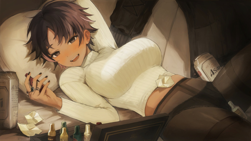 1girl absurdres arm_behind_head beer_can black_nails black_panties blush bon_(vtuber) breasts brown_eyes brown_hair brown_pantyhose can colored_inner_hair crop_top crotch_seam crumpled_paper dark-skinned_female dark_skin drooling drunk ear_blush ear_piercing fang funabashi_(iwzry) highres indie_virtual_youtuber jewelry large_breasts looking_at_viewer lying multicolored_hair no_pants nose_blush on_back panties panties_under_pantyhose pantyhose parted_bangs piercing pillow pink_hair ribbed_sweater ring second-party_source short_hair smile solo sweater thighband_pantyhose turtleneck turtleneck_sweater underwear white_sweater