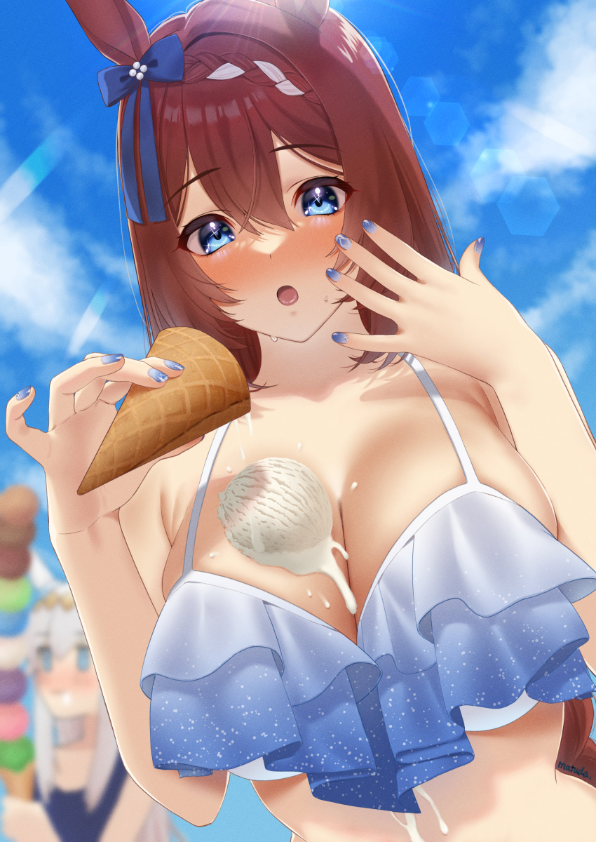 2girls absurdres accident animal_ears artist_name bikini blue_bikini blue_bow blue_eyes blue_nails blue_one-piece_swimsuit blue_sky blurry blurry_background blush bow braid breasts cleavage cloud competition_school_swimsuit day dripping drooling ear_bow ear_ornament ear_ribbon food food_on_body grey_hair hair_between_eyes highres holding holding_food holding_ice_cream horse_ears horse_girl ice_cream ice_cream_cone large_breasts long_hair looking_at_viewer manicure matuda_(matudayazo) melting messy mouth_drool multiple_girls nail_polish navel one-piece_swimsuit open_mouth outdoors pulque red_hair saliva school_swimsuit sky solo_focus spill stacking standing suggestive_fluid super_creek_(umamusume) sweat swimsuit too_many too_many_scoops tracen_swimsuit umamusume upper_body watermark