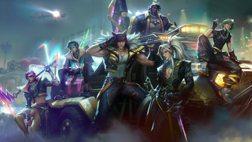 6+boys aphelios black_gloves black_hair black_jacket black_pants black_tank_top blue_hair closed_mouth crop_top dark-skinned_male dark_skin dual_wielding eyewear_on_head ezreal finger_heart fingerless_gloves gloves green_hair hat headphones heartsteel_(league_of_legends) heartsteel_aphelios heartsteel_ezreal heartsteel_k'sante heartsteel_kayn heartsteel_sett heartsteel_yone highres holding holding_scythe holding_sword holding_weapon jacket jewelry k'sante_(league_of_legends) kayn_(league_of_legends) large_pectorals league_of_legends long_hair looking_at_viewer male_focus multicolored_hair multiple_boys muscular muscular_male navel necklace night night_sky official_art open_clothes open_jacket outdoors pants pectorals pink_hair ponytail red_hair scythe sett_(league_of_legends) sitting sky smile sunglasses sword tank_top teeth two-tone_hair weapon white_hair yellow_pants yone_(league_of_legends)