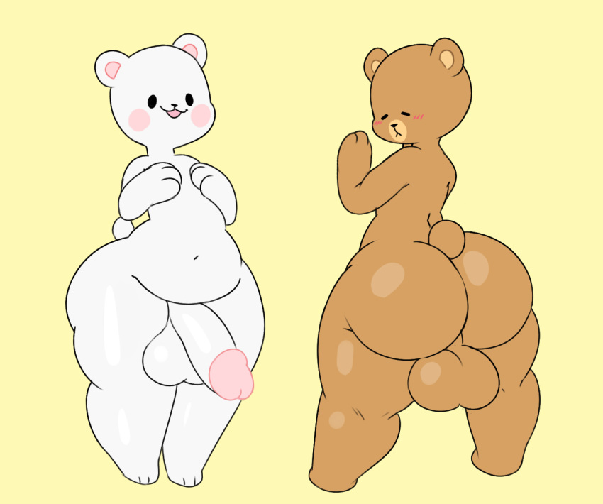 2023 3_fingers 3_toes anthro atherol backsack balls bear big_balls big_butt big_penis biped blush blush_lines brown_body brown_fur butt cheek_spots duo eyes_closed feet fingers fur genitals half-erect hi_res huge_balls huge_butt huge_penis hyper hyper_balls hyper_genitalia hyper_penis male mammal milk_(milkmochabear) milkmochabear mocha_(milkmochabear) navel open_mouth overweight overweight_anthro overweight_male penis presenting presenting_hindquarters round_ears short_stack short_tail simple_background simple_eyes smile standing tail thick_thighs toes white_body white_fur yellow_background