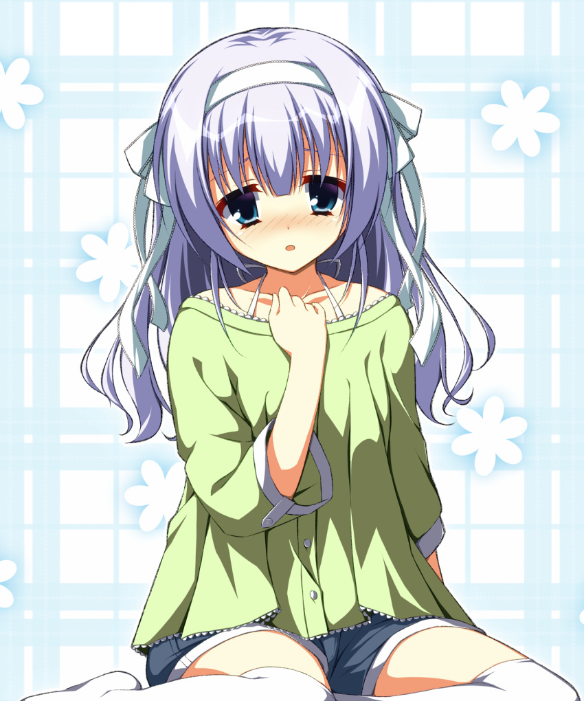 1girl amairo_islenauts arm_at_side asagi_nanami blue_eyes blue_hair blue_shorts blush casual clenched_hand collarbone commentary eyebrows_hidden_by_hair eyelashes feet_out_of_frame frilled_ribbon frilled_shirt frills frown furrowed_brow green_shirt hair_between_eyes hair_ribbon hand_up highres light_blue_background light_blue_hair long_hair long_sleeves looking_at_viewer no_shoes nose_blush open_mouth ribbon shiraga_airi shirt shorts shy sidelocks simple_background sitting solo thighhighs wariza wavy_hair white_ribbon white_thighhighs