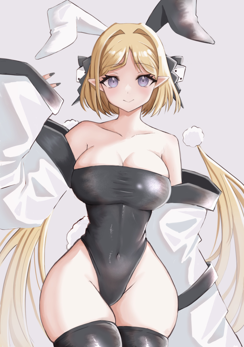 1girl aki_rosenthal animal_ears bare_shoulders black_leotard black_nails black_thighhighs blonde_hair bob_cut breasts cleavage closed_mouth collarbone commentary covered_navel cowboy_shot curvy detached_hair detached_sleeves dice_hair_ornament english_commentary fake_animal_ears groin hair_ornament highleg highleg_leotard highres hololive large_breasts leotard light_blush long_hair looking_at_viewer low_twintails nail_polish narrow_waist nyu-tan94 parted_bangs playboy_bunny pointy_ears purple_eyes rabbit_ears short_hair skin_tight skindentation sleeves_past_wrists smile solo strapless strapless_leotard thighhighs twintails undersized_clothes virtual_youtuber wide_hips wide_sleeves