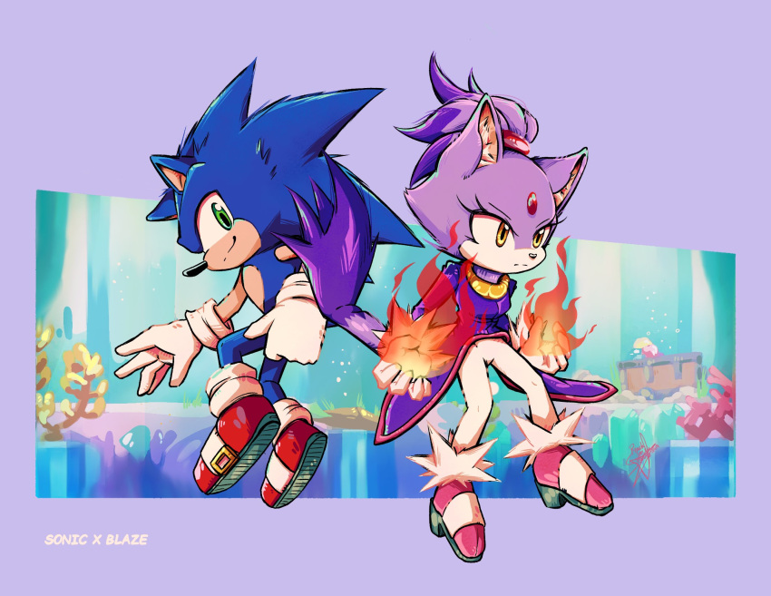 1boy 1girl back-to-back blaze_the_cat blue_fur cat_girl cat_tail fire forehead_jewel gloves gold_necklace green_eyes high_heels highres jacket jewelry necklace pants pink_footwear ponytail purple_fur purple_jacket red_footwear rfts10919 smirk sonic_(series) sonic_rush sonic_rush_adventure sonic_the_hedgehog tail white_pants yellow_eyes