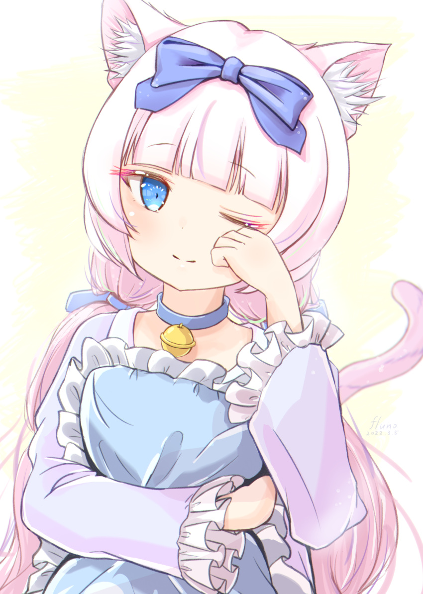 1girl ;) absurdres animal_ear_fluff animal_ears bell blue_collar blue_eyes blue_ribbon blunt_bangs cat_ears cat_girl cat_tail collar commentary fluno frilled_pillow frills hair_ribbon highres jingle_bell long_hair long_sleeves looking_at_viewer low_twintails neck_bell nekopara object_hug one_eye_closed pillow pillow_hug ribbon rubbing_eyes simple_background smile solo tail twintails upper_body vanilla_(nekopara) white_hair