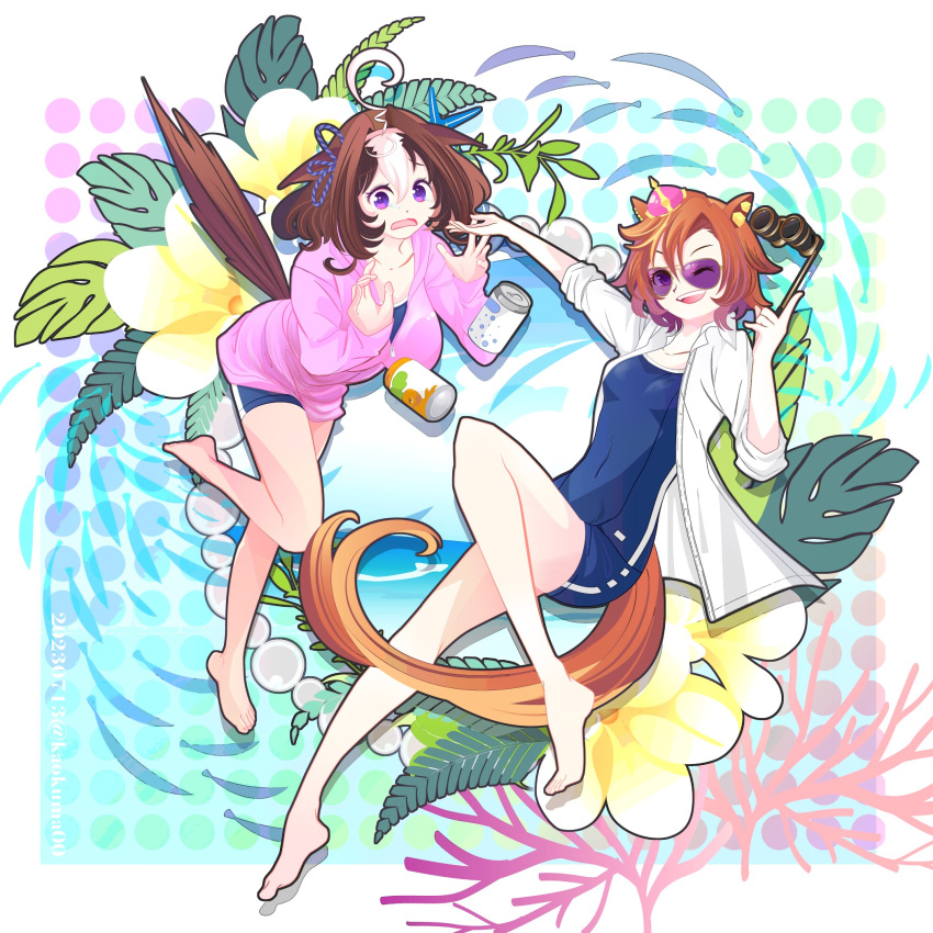 2girls absurdres ahoge animal_ears barefoot breasts brown_hair can crown hairband highres horse_ears horse_girl horse_tail jacket kaokuma large_breasts long_sleeves looking_at_viewer medium_hair meisho_doto_(umamusume) mini_crown multicolored_hair multiple_girls one-piece_swimsuit one_eye_closed open_clothes open_mouth open_shirt opera_glasses orange_hair outstretched_arm pink_jacket plant purple_eyes school_swimsuit school_uniform shirt short_hair sleeves_rolled_up small_breasts smile stiff_tail sunglasses swimsuit t.m._opera_o_(umamusume) tail tracen_school_uniform two-tone_hair umamusume white_shirt