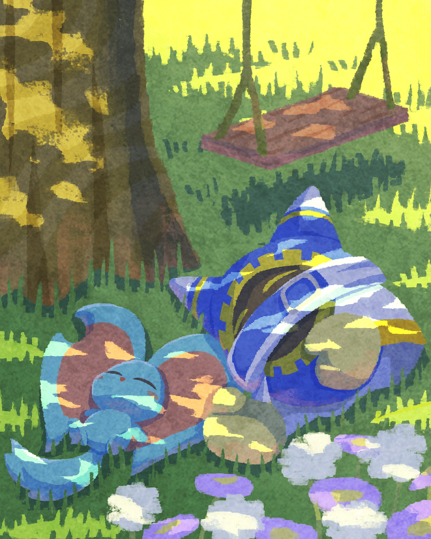 animal_ears closed_eyes disembodied_limb elfilin flower grass highres kirby_(series) lying magolor miclot mouse_ears no_humans notched_ear purple_flower sleeping swing tail tree white_flower yellow_eyes
