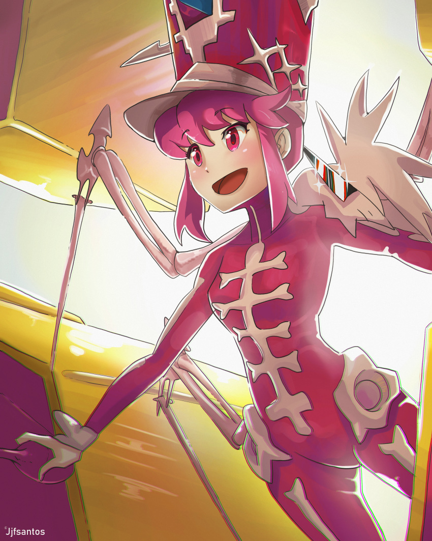 1girl :d absurdres artist_name ass_visible_through_thighs baton_(conducting) bodysuit breasts dutch_angle from_below gloves gradient_background hair_between_eyes hair_up hat highres holding jakuzure_nonon jjfsantos kill_la_kill long_sleeves looking_afar looking_ahead open_mouth pink_bodysuit pink_hair pink_headwear romaji_commentary shako_cap sidelocks skeletal_wings skeleton_costume skin_tight small_breasts smile solo sparkle speaker symphony_regalia white_background white_gloves wings yellow_background