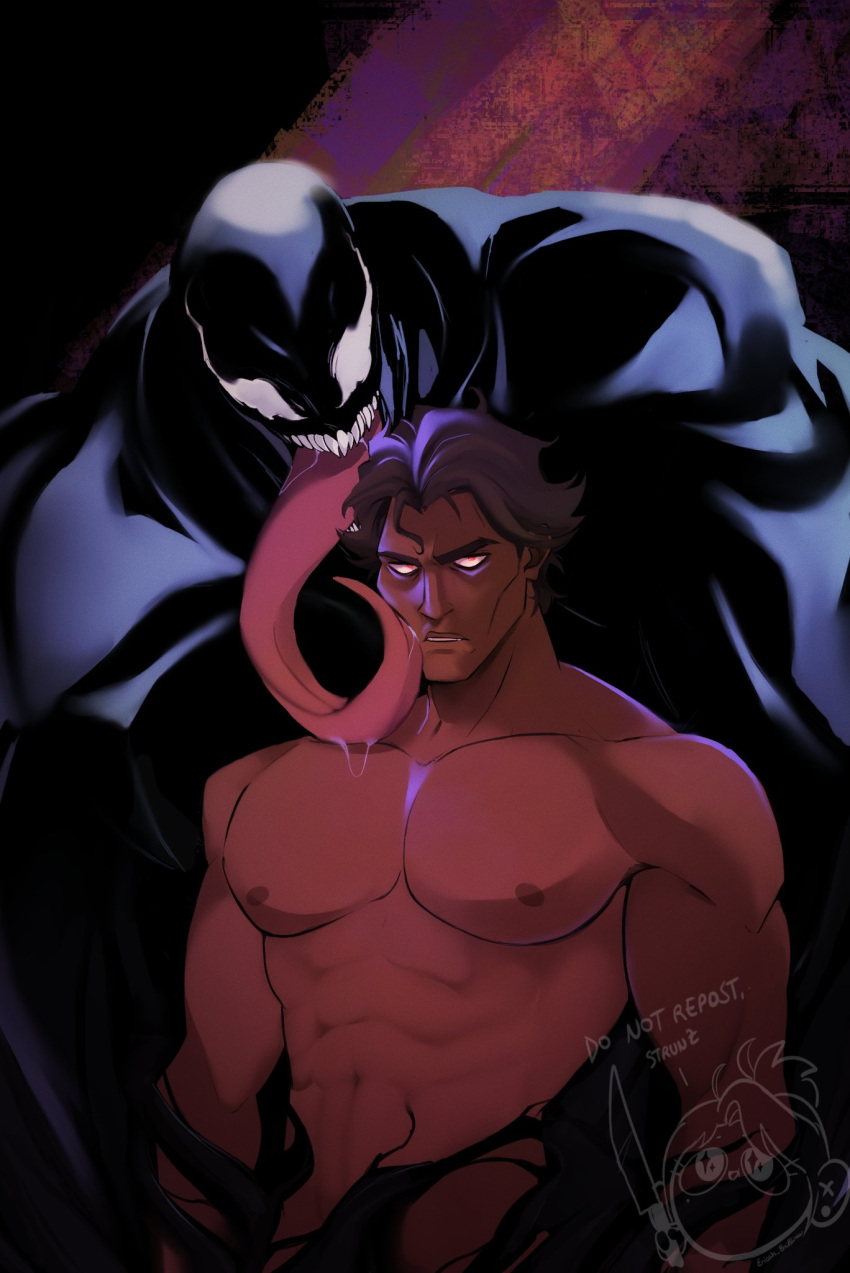2boys abs bara broad_shoulders brown_hair cheekbones crossover dark-skinned_male dark_skin ericahbrillina hair_slicked_back highres interspecies large_pectorals licking licking_another's_cheek licking_another's_face long_tongue looking_ahead looking_at_another male_focus marvel mature_male miguel_o'hara monster_boy multiple_boys muscular muscular_male nipples pectorals red_eyes saliva sharp_teeth short_hair size_difference slime_boy smile spider-man:_across_the_spider-verse spider-man_(series) spider-verse stomach symbiote teeth thick_eyebrows tongue tongue_out venom_(marvel) very_long_tongue yaoi