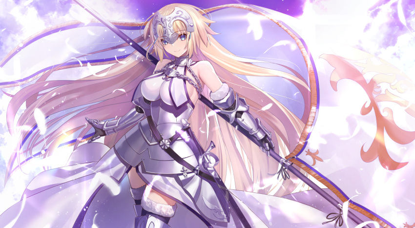 1girl armor armored_boots armored_dress bangs blonde_hair blue_eyes blue_sky blush boots breast_curtains breasts chain collar dress fate/apocrypha fate/grand_order fate_(series) faulds feathers flag fur-trimmed_legwear fur_trim gauntlets headpiece highres jeanne_d'arc_(fate) jeanne_d'arc_(ruler)_(fate) large_breasts long_hair looking_at_viewer metal_collar neko_daruma plackart polearm sky smile thighhighs thighs very_long_hair weapon white_dress