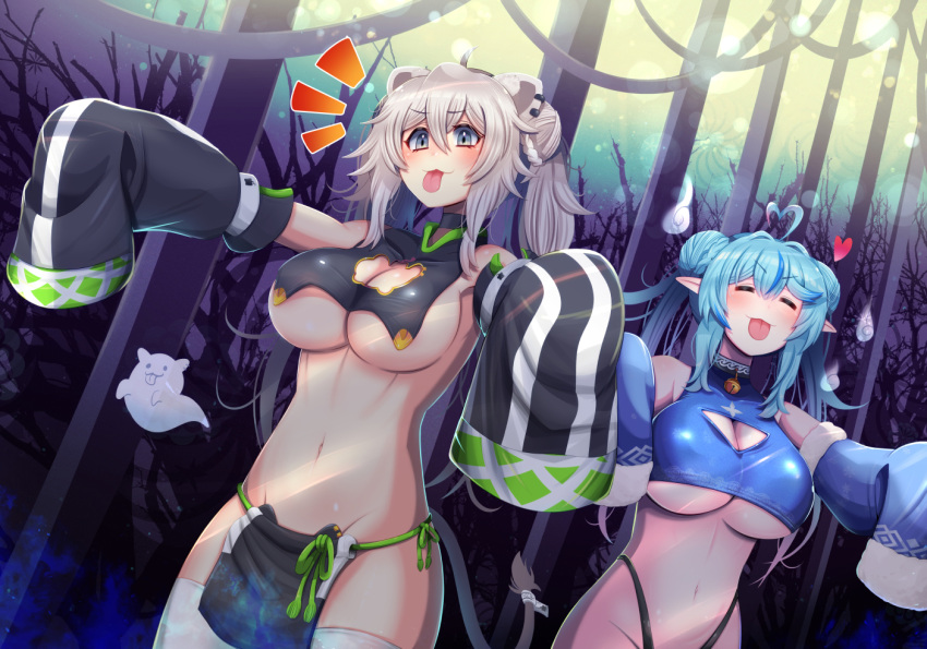 2girls :3 :p adapted_costume ahoge alternate_costume animal_ears black_panties blue_hair breasts commentary_request detached_sleeves double_bun ear_piercing elf grey_eyes grey_hair hair_between_eyes hair_bun heart heart_ahoge hololive jiangshi jiangshi_costume large_breasts lion_ears lion_girl lion_tail long_hair mi_nomi_ni midriff multiple_girls navel panties pelvic_curtain piercing pointy_ears shishiro_botan tail thighhighs tongue tongue_out twintails underboob underwear virtual_youtuber white_thighhighs yukihana_lamy