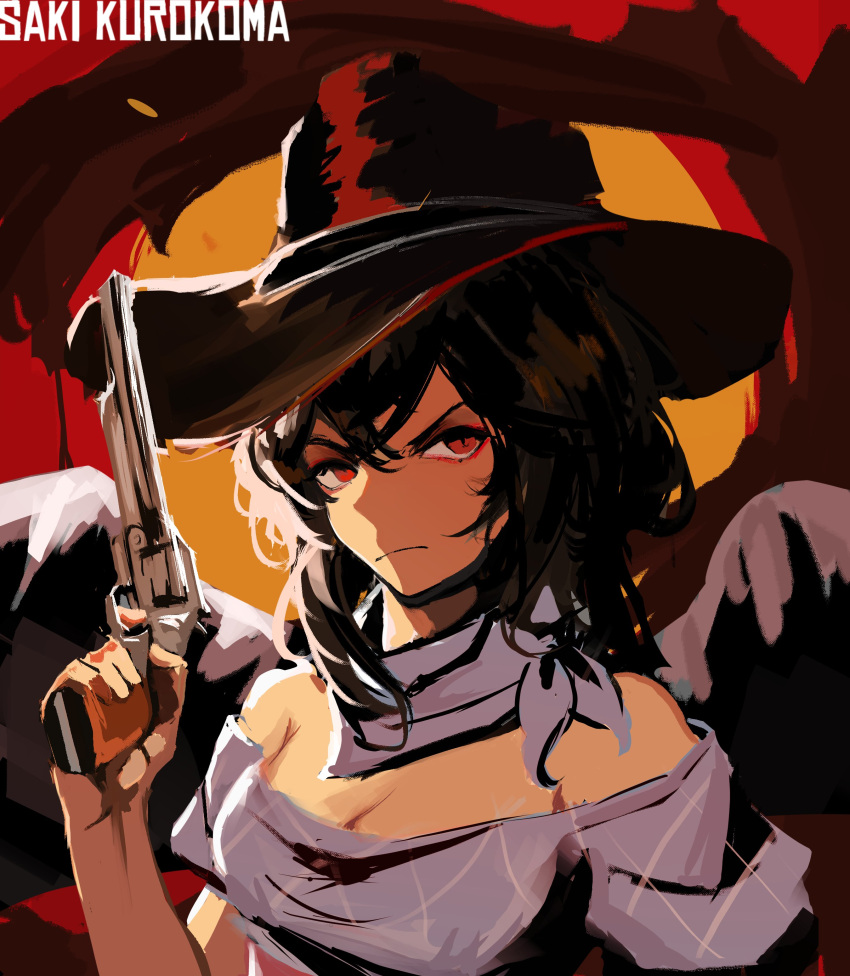 1girl absurdres bandana black_hair black_wings brown_headwear character_name closed_mouth cowboy_hat gun hat highres holding holding_gun holding_weapon kurokoma_saki looking_at_viewer red_eyes solo touhou upper_body weapon wings yuhel