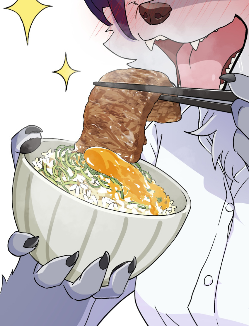 2023 5_fingers alternate_version_at_source anthro blush bowl breasts canid canine canis chopsticks claws clothed clothing container cropped digital_media_(artwork) eating egg_yolk fangs female female_anthro finger_claws fingers food happy hi_res holding_object japanese_food kemono konazarame mammal meat open_mouth pawpads rice solo steam teeth tongue wolf