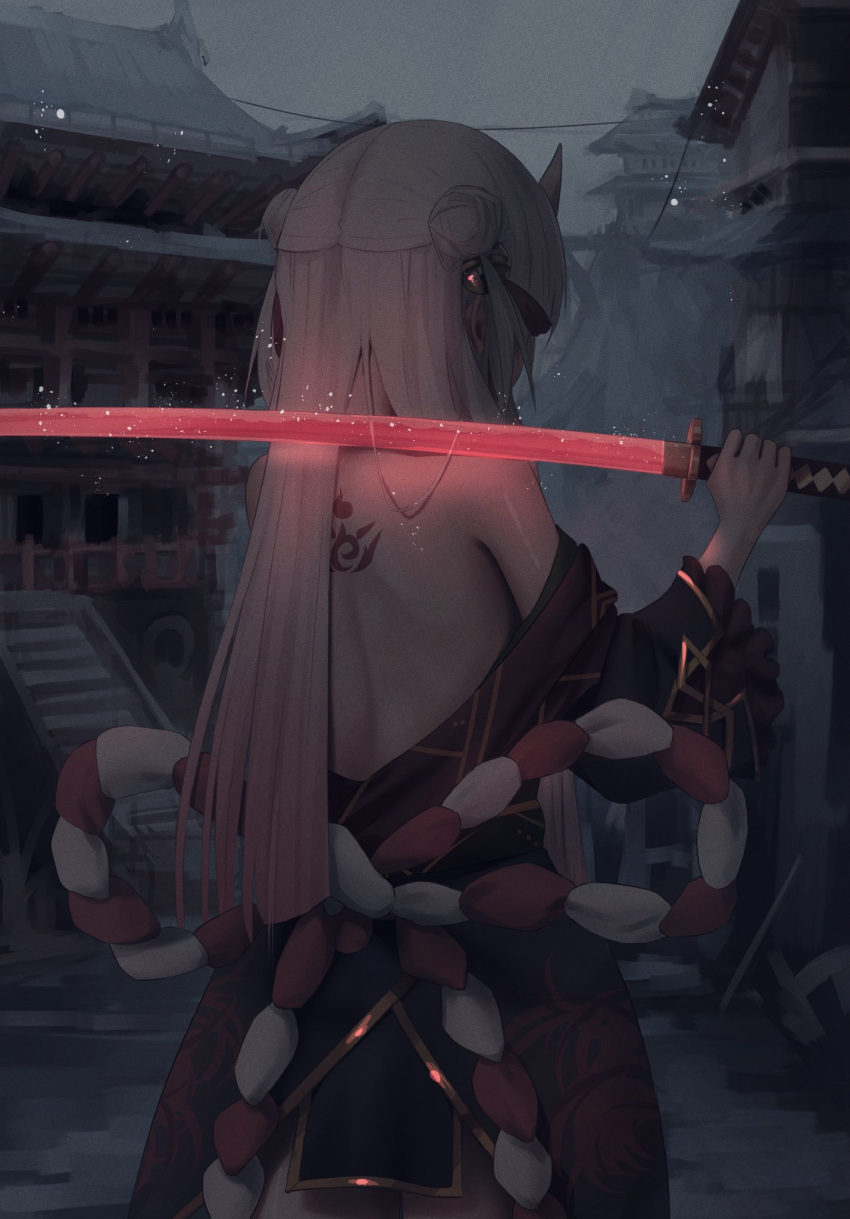 1girl architecture back_bow back_tattoo bare_back bare_shoulders bell black_kimono bow building cowboy_shot double_bun east_asian_architecture facing_away frilled_sleeves frills from_behind glowing glowing_sword glowing_weapon gold_trim gradient_hair grey_hair hair_bell hair_bun hair_ornament hair_ribbon hand_up highres holding holding_sword holding_weapon hololive horns japanese_clothes katana kimono kouhaku_nawa long_hair long_sleeves multicolored_hair nakiri_ayame nakiri_ayame_(1st_costume) off_shoulder oni oni_horns outdoors overcast red_hair red_ribbon ribbon rope shimenawa short_kimono skin-covered_horns sky solo standing streaked_hair sword tassel tassel_hair_ornament tattoo virtual_youtuber weapon white_hair wide_sleeves zote_illust