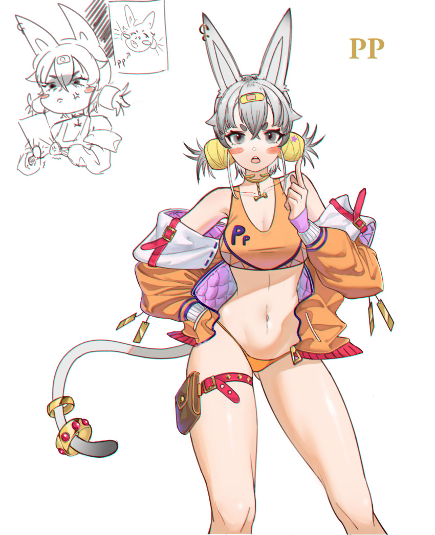 1girl absurdres alucard_pie animal_ear_piercing animal_ears bandaid blush bone_necklace breasts character_name cleavage commentary crop_top crossed_bangs doodle_inset english_commentary feet_out_of_frame gem gold_necklace grey_eyes grey_hair grey_tail hand_on_own_hip hand_up highres hikimayu holding holding_paper index_finger_raised jacket jacket_partially_removed jewelry large_breasts long_sleeves looking_at_viewer medium_hair multiple_views navel necklace open_clothes open_jacket open_mouth orange_jacket orange_panties original panties paper red_gemstone simple_background single_bare_leg tag tail tail_ornament tail_ring tank_top teeth thigh_pouch underwear upper_teeth_only white_background