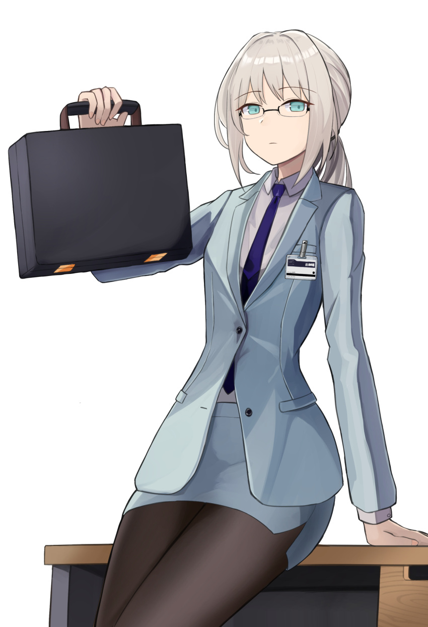 1girl absurdres an-94_(girls'_frontline) aqua_eyes aqua_jacket bespectacled black_pantyhose blonde_hair blue_eyes blue_necktie briefcase business_suit closed_mouth commentary commission cowboy_shot expressionless gamryous girls'_frontline glasses highres holding holding_briefcase jacket leaning_on_object long_sleeves looking_at_viewer necktie over-rim_eyewear pantyhose pixiv_commission ponytail semi-rimless_eyewear sidelocks simple_background solo suit table white_background