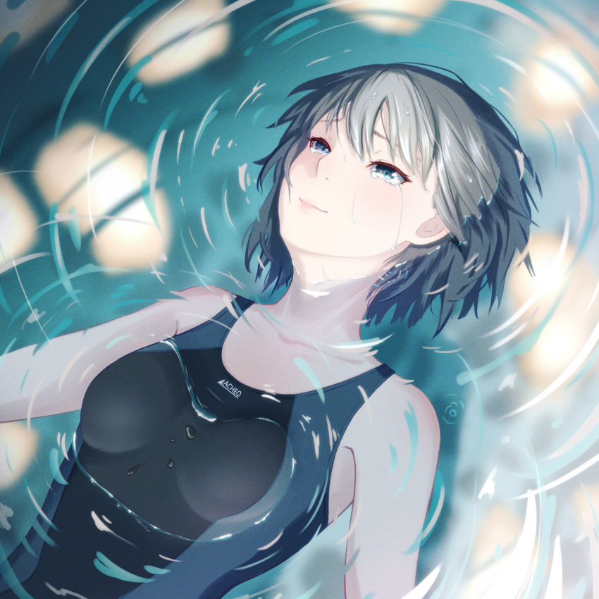 1girl amagami bare_shoulders black_one-piece_swimsuit blue_one-piece_swimsuit bob_cut breasts closed_mouth collarbone competition_swimsuit crying crying_with_eyes_open grey_eyes grey_hair highres lips nanasaki_ai one-piece_swimsuit oshizu partially_submerged short_hair small_breasts swimsuit tears two-tone_one-piece_swimsuit two-tone_swimsuit upper_body water