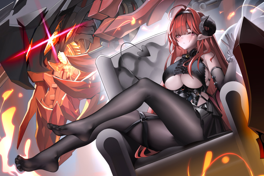 1girl absurdres ahoge azur_lane bare_shoulders black_headband black_horns black_pantyhose black_skirt breasts center_cross_lace center_frills chair clothing_cutout curled_horns demon_girl demon_horns demon_tail feet fine_fabric_emphasis frilled_gloves frills full_body gloves headband heart heart_tail highres hindenburg_(azur_lane) horns legs long_hair miniskirt no_shoes non-humanoid_robot pantyhose pink_eyes pointy_ears red_hair robot robot_dragon shitsurakuen_(paradise_lost) sitting skirt soles solo spread_toes tail toes underboob underboob_cutout very_long_hair